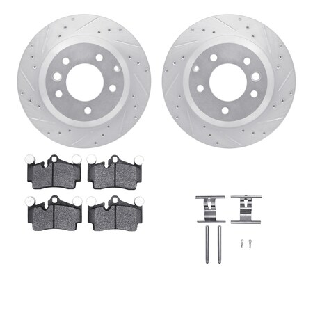 Dynamic Friction Company Rear Brake Rotors Drilled and Slotted Silver with 5000 Advanced Brake Pads includes Hardware - 7512-74077